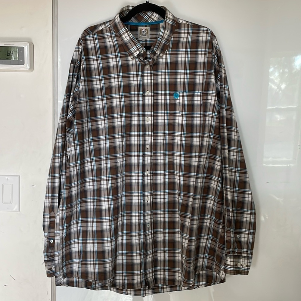 Cinch Long Sleeve Button Down Shirt Plaid Brown & Blue Size XXL 100% Cotton